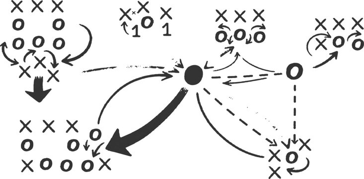 Tic tac toe board game strategy diagram with arrows hand drawn marker style abstract background vector illustration.