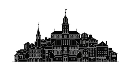 Obraz premium Old European City Skyline Silhouette ? Minimalist Town Illustration