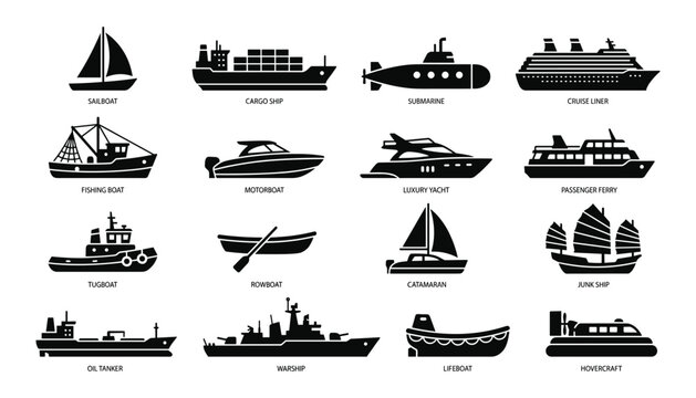 Diverse fleet of watercraft vehicles with labels, ships and boats collection on transparent background vector.