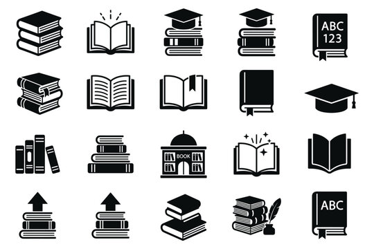 Education and knowledge icons vector set with books graduation caps and abc 123 symbols on transparent background.