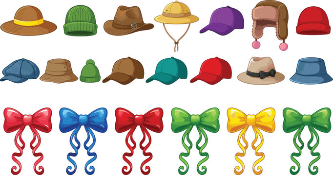 Large collection of colorful cartoon hats, seasonal headwear, and decorative satin ribbon bows for fashion illustration and graphic design projects.