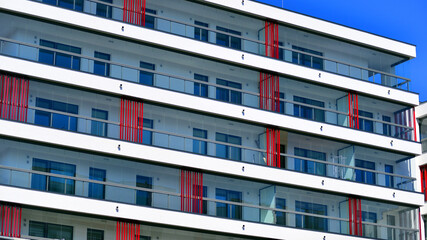 Fototapeta premium Downtown modern residential architecture. Architectural details of modern apartment building. Modern european residential apartment building complex.