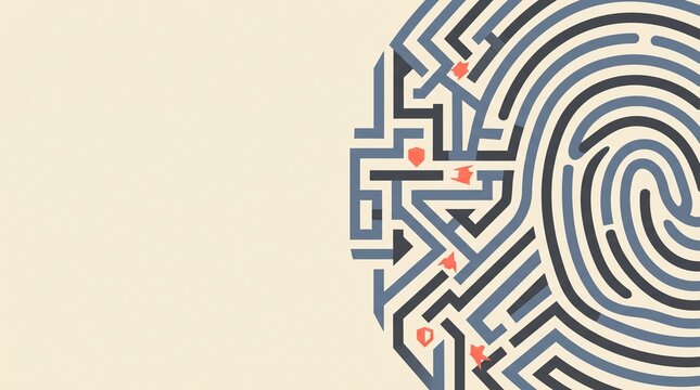 Abstract flat vector illustration of a brain shaped maze merging with a fingerprint and security shields representing digital identity and cybersecurity with copy space
