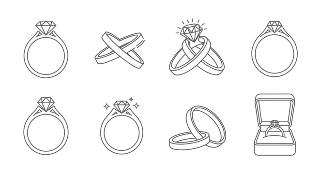 Diamond Ring Icons Set - Engagement, Wedding, Jewelry Design Elements