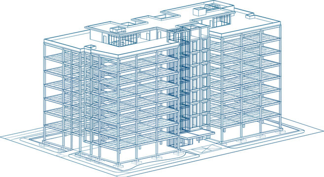 3D Blueprint of Modern Multi-Story Office Building with Steel Structure and Detailed Floor Plans for Commercial Construction Projects