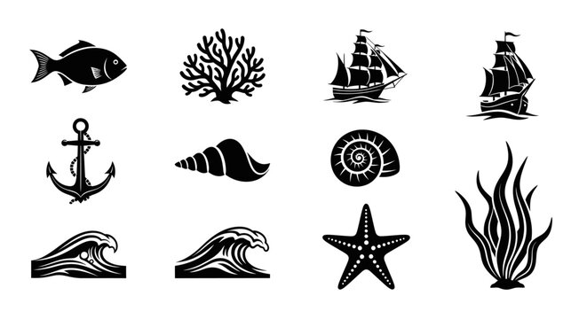 Nautical Icons Set: Fish, Anchor, Ship, Seashell, Coral, Starfish, Waves