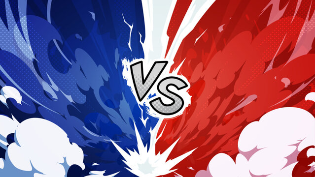 雷と煙のエフェクトがある対戦のイメージの背景イラスト_赤と青のVS_16:9