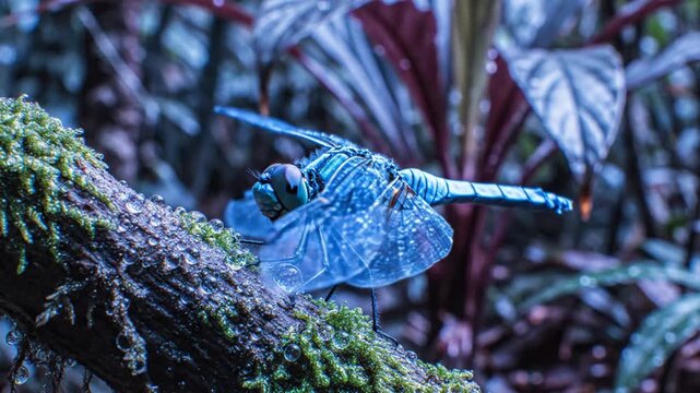 Blue dragonfly with speckled wings rests on mossy branch with water droplets