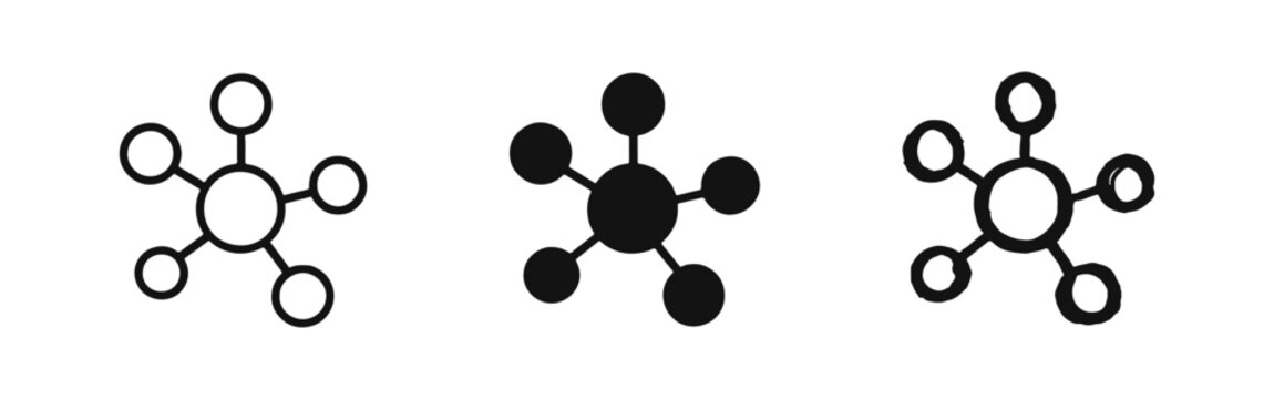 Network hub and connectivity icon set representing social links and distribution