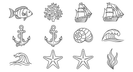 Obraz premium Nautical Icons Collection: Fish, Anchor, Sailboat, Seashell, Starfish, Wave