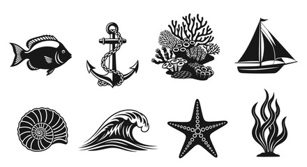 Nautical Vector Icons: Fish, Anchor, Coral, Sailboat, Seashell, Wave, Starfish, Seaweed © Wilujeng Graphic