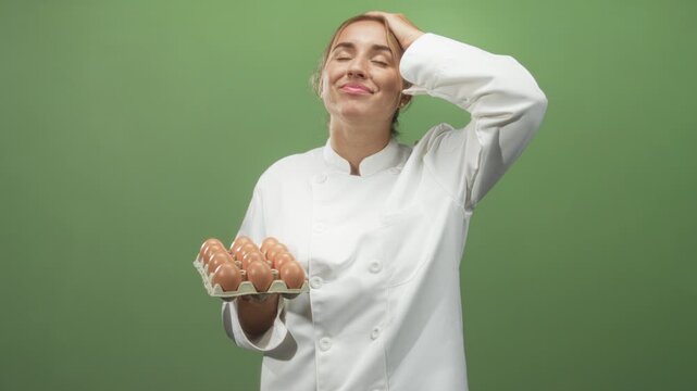 Woman chef in white jacket holding a carton of eggs with left hand and palm to forehead gesture in studio set, expression like an oops moment; embarrassed humor.