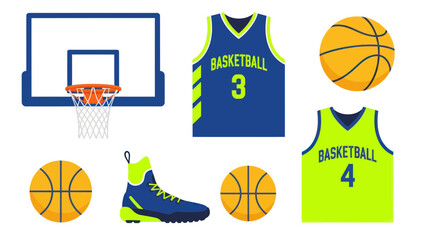 Basketball Equipment Set: Hoop, Balls, Jerseys, and Sneaker - Flat Design © firia