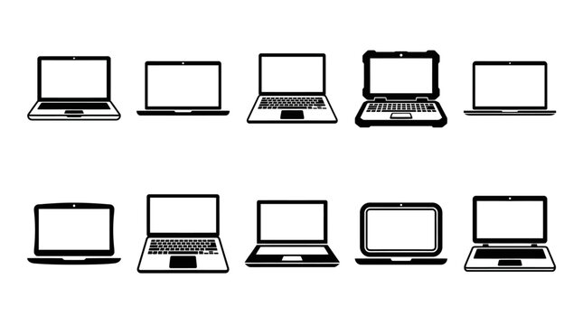 Vector laptop computer illustration collection, black and white designs, modern notebook outlines, technology vector artwork, device variations for digital design, creative projects, and tech branding