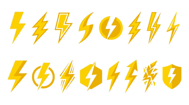 Vector lightning bolt icons collection, energy power symbols, electricity vector design, yellow thunder graphics, shield, wings, geometric vector artwork for logo, branding, and creative projects