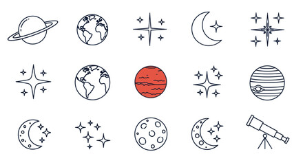 Cosmic Icons Set: Planets, Moon, Stars, Telescope, Space Exploration © Fredik