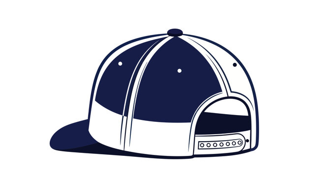 Navy Blue and White Flat Brim Baseball Cap Back View Isolated
