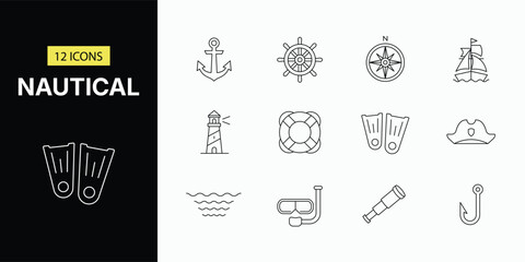 Nautical and marine line icon set with anchor lighthouse and sailing symbols © stock9999