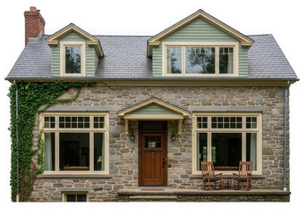 Obraz premium Charming two-story ivy-covered house with large windows and front porch