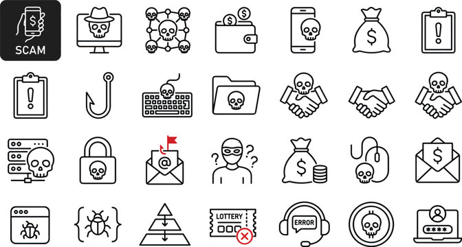 Scam Awareness Icon Set Featuring Fraud Alerts, Phishing, Malware, and Cybersecurity Symbols