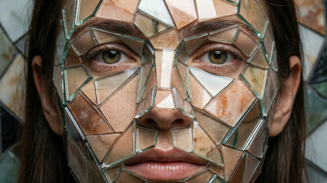 Woman with mirrored fragments face digital identity words + concept