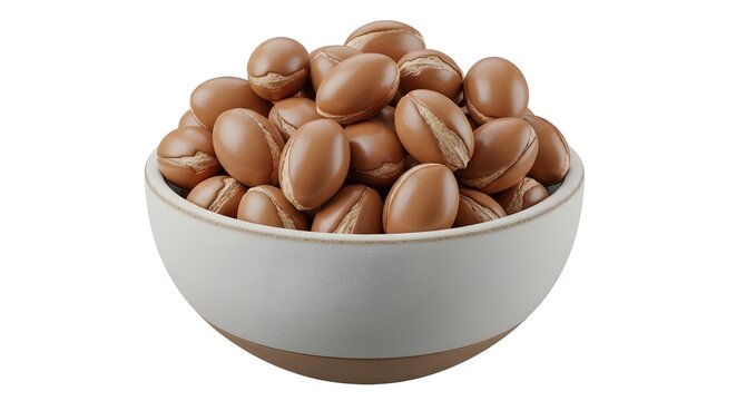Bowl of brown fava beans isolated on white background close up of textured legumes in a ceramic dish with natural lighting