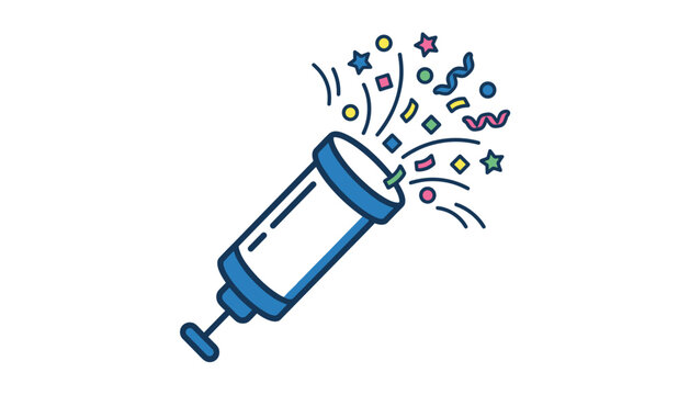 Confetti popper exploding with colorful confetti and streamers, vector illustration on transparent background.
