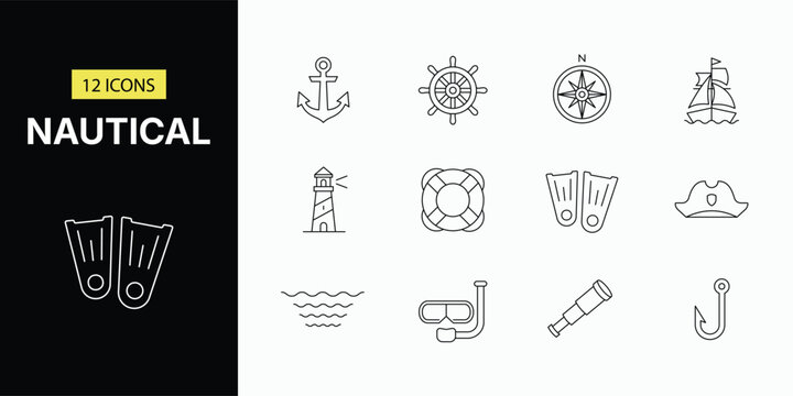 Nautical and marine line icon set with anchor lighthouse and sailing symbols