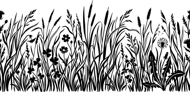 black and white illustration of grass and flowers on white background for design and decoration purposes