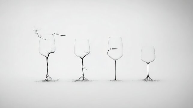 Artistic expression of wine glasses becoming increasingly fragile under decade markers, clearly showing the fine balance between pleasure and health
