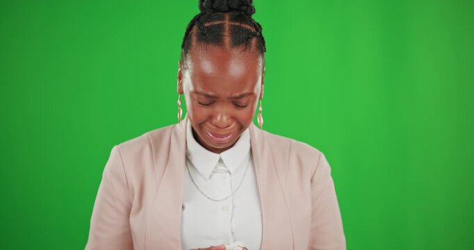 Business woman, crying and tissue on green screen to wipe face, eyes or tears. Professional, young and African entrepreneur person or boss upset or sad about loss, failure or burnout mockup space