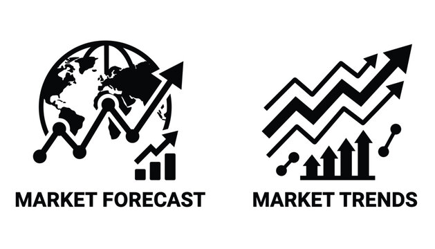 Market forecast and market trends graphs with arrows and charts showing growth and direction, vector icons on transparent background.
