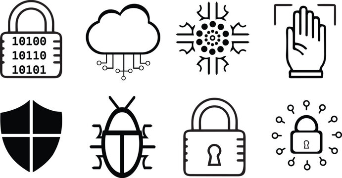 Cyber Security:  An array of cyber security icons, symbols and logos representing modern digital safety and protection of sensitive information in the internet age.
