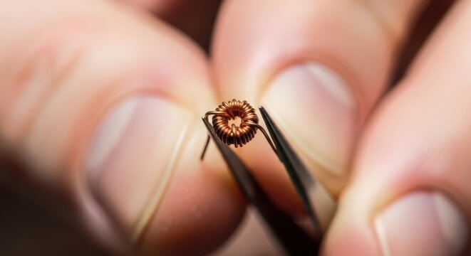 Hands use precision metal tweezers to hold a small copper inductor coil.