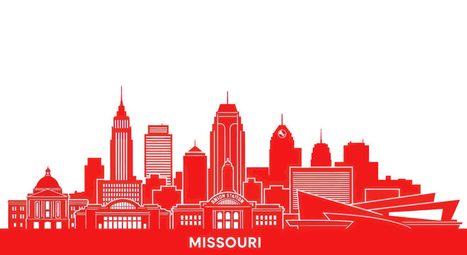 Kansas City Skyline Silhouette, Missouri, USA, Red Vector Illustration
