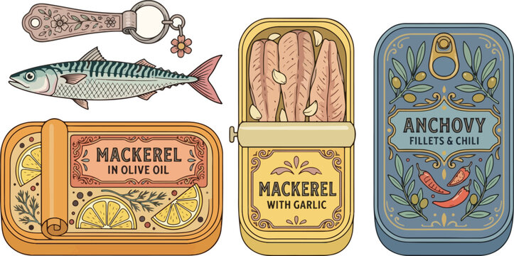 Funny hand drawn canned fish cartoon illustration set. Colorful tinned sardines sea food graphic element collection. Sardine can drawing bundle on isolated background