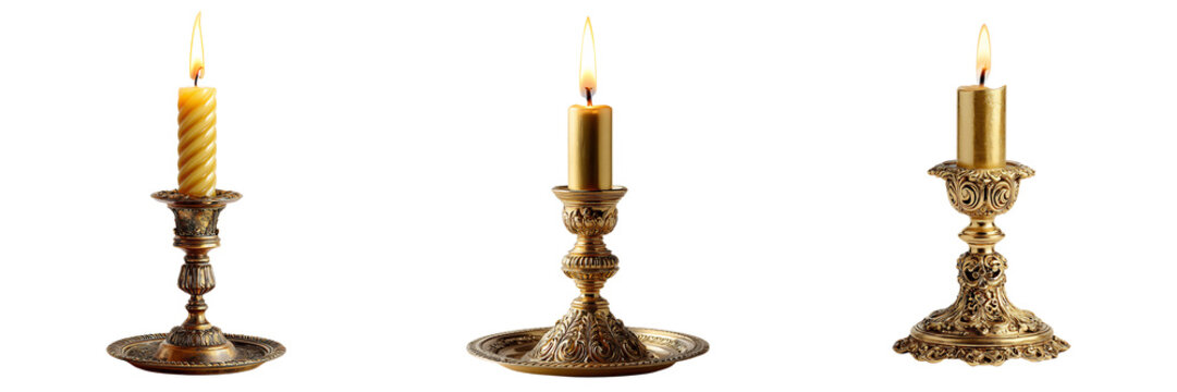 Set of Elegant baroque-style candle holder with intricate gold detailing, single burning candle casting soft shadows on transparent png background. Ai generated