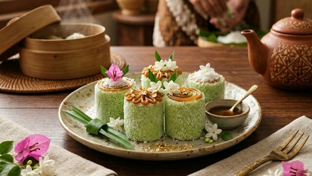 Traditional Indonesian Steamed Pandan Rice Cake with Palm Sugar and Grated Coconut Topping on an Elegant Plate