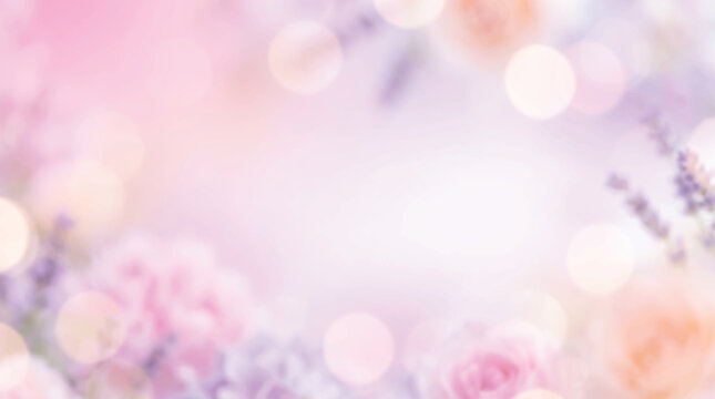 Soft pink abstract background with glowing bokeh lights and blurred floral patterns creating a bright decorative wallpaper