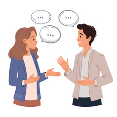 Fototapeta premium Two people talking with speech bubbles. Man and woman having conversation vector illustration