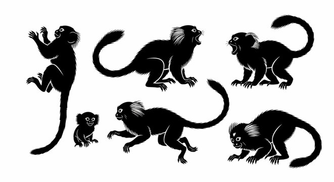Set of Black Silhouettes of Marmoset Monkeys in Various Poses