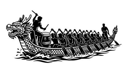 Dragon boat racing black and white illustration rowers drum oars vector isolated on white background © MdRabbi