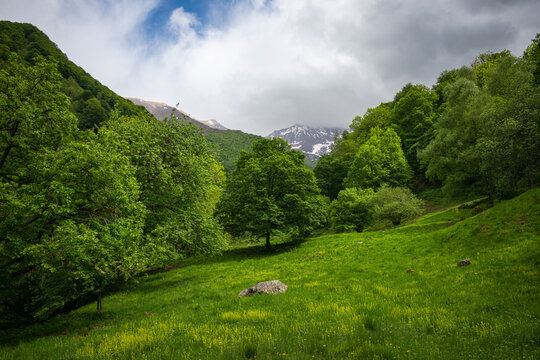 Green mountain landscape with clouds. Ariege Pyrenees France
