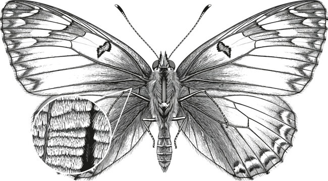 Detailed Black and White Butterfly Sketch Drawing Showing Wing Patterns and Body Anatomy Vector Illustration