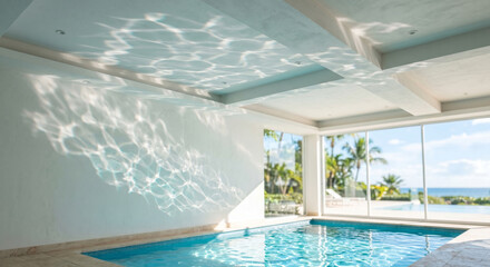 Fototapeta na wymiar Pool water spa mood with pool water reflections, indoor pool and bright sea view