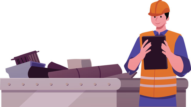 A worker in a safety vest, hard hat, and tablet near a waste container.