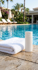 Fototapeta premium Poolside towel spa mood with poolside towel, candle and sparkling blue resort pool