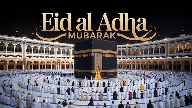 Eid al Adha Mubarak greeting with pilgrims praying around the Kaaba in Mecca at night, religious scene