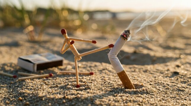 Matchstick People Pulling Down a Cigarette to Stop Smoking