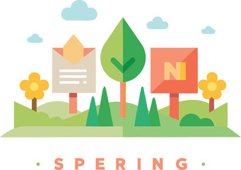 Fototapeta premium Spering brand concept with mail and sign icons in natural scenery